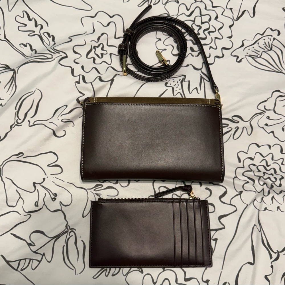 Tory Burch Stitched Leather Suede Brown Crossbody Set - Picture 2 of 5